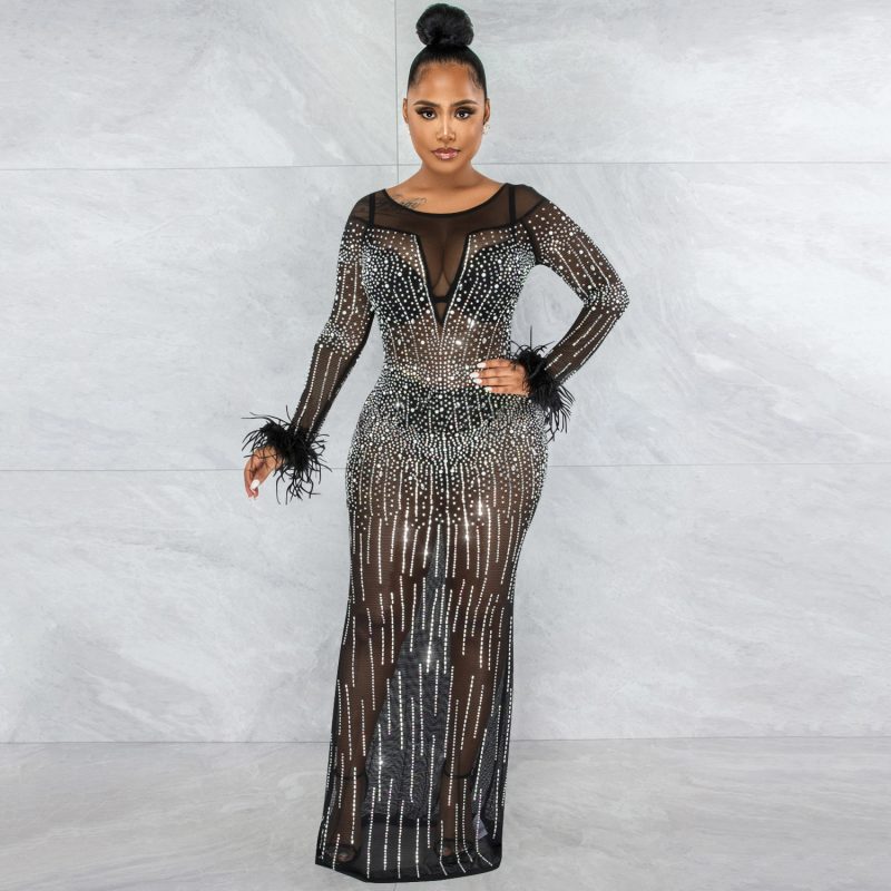 Nightclub Rhinestone Mesh Long Sleeve Women Dress