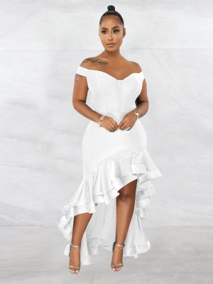 Elegant Flounce Fishtail Solid Color V Neck Dress