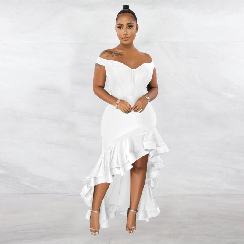 Elegant Flounce Fishtail Solid Color V Neck Dress