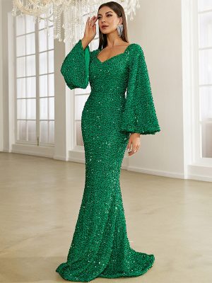 Elegant Sequin Mid-Length V-Neck Evening Dress