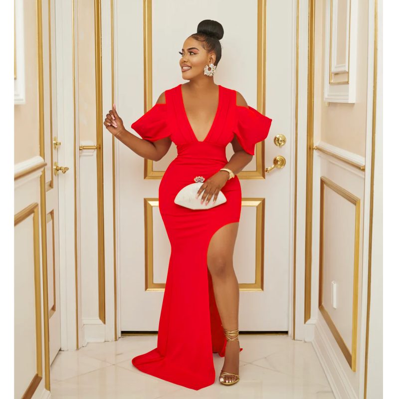 Solid Color V-Neck Pleated Split Maxi Dress
