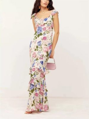 French Elegant Floral Ruffled Slim Maxi Dress