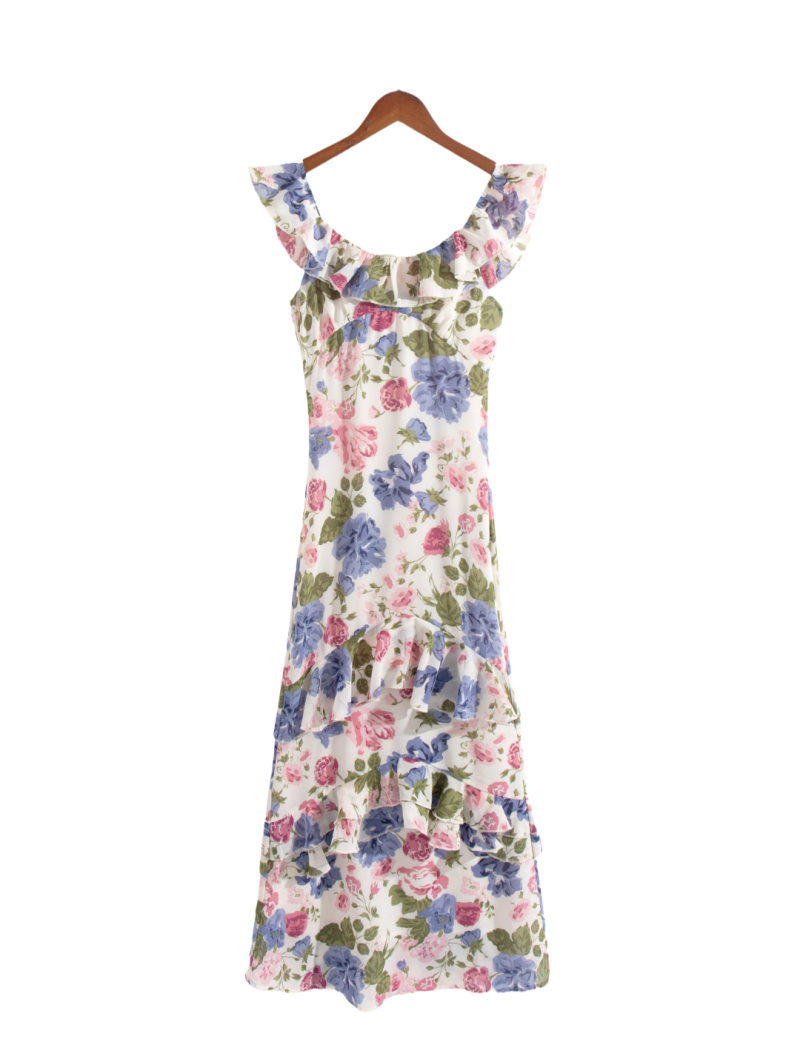 French Elegant Floral Ruffled Slim Maxi Dress - Image 3