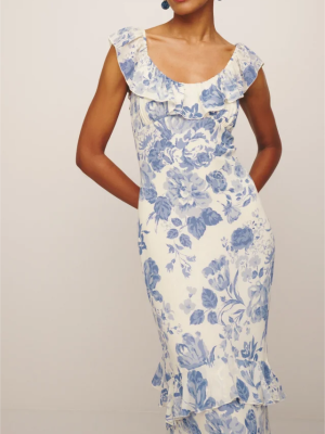 Spring Summer French Elegant Printed U-Neck Maxi Dress