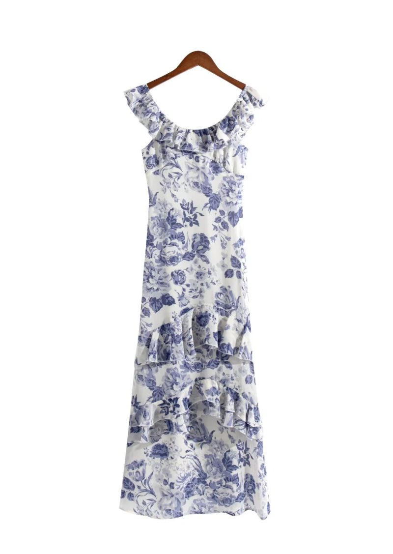 Spring Summer French Elegant Printed U-Neck Maxi Dress - Image 2