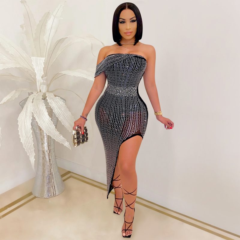 Women’s Rhinestone Mesh Asymmetric Evening Party Dress