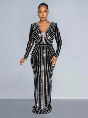 Women’s Solid Color Long Sleeve Split Maxi Dress