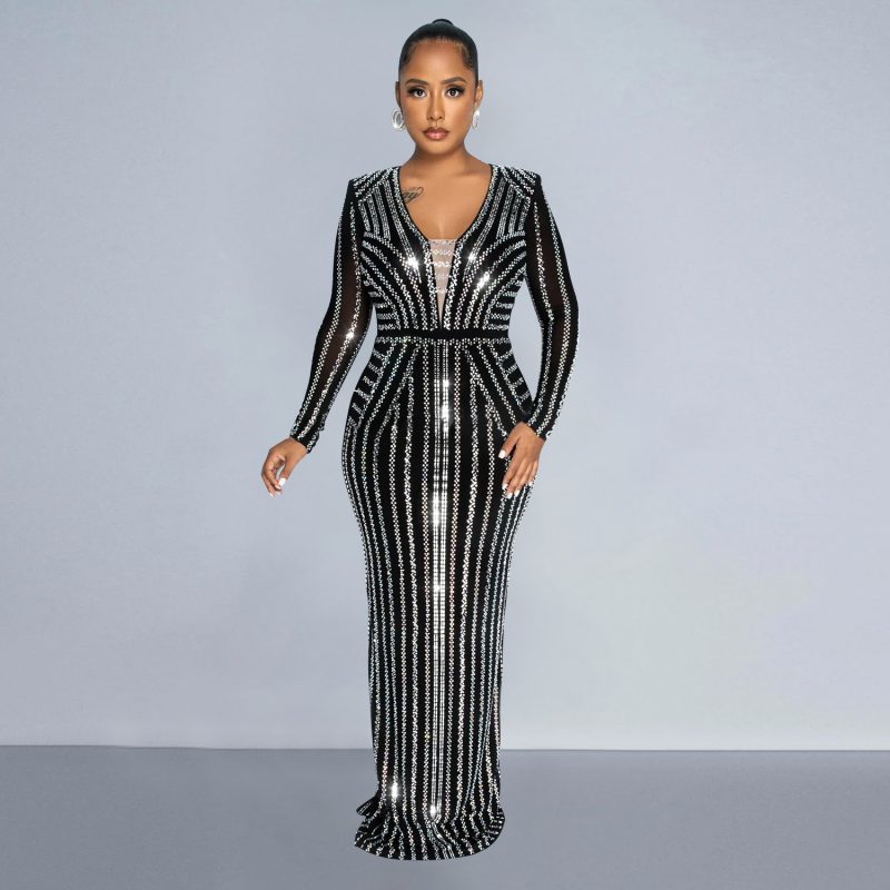 Women’s Solid Color Long Sleeve Split Maxi Dress