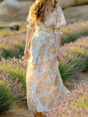 French Retro Green Puff Sleeve Chiffon Dress