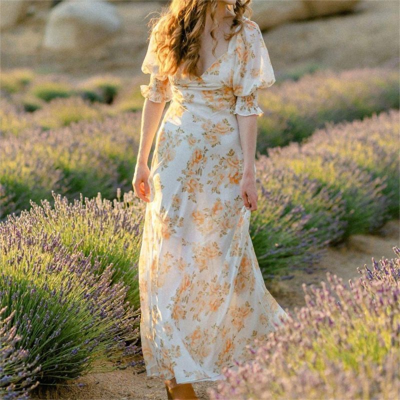 French Retro Green Puff Sleeve Chiffon Dress