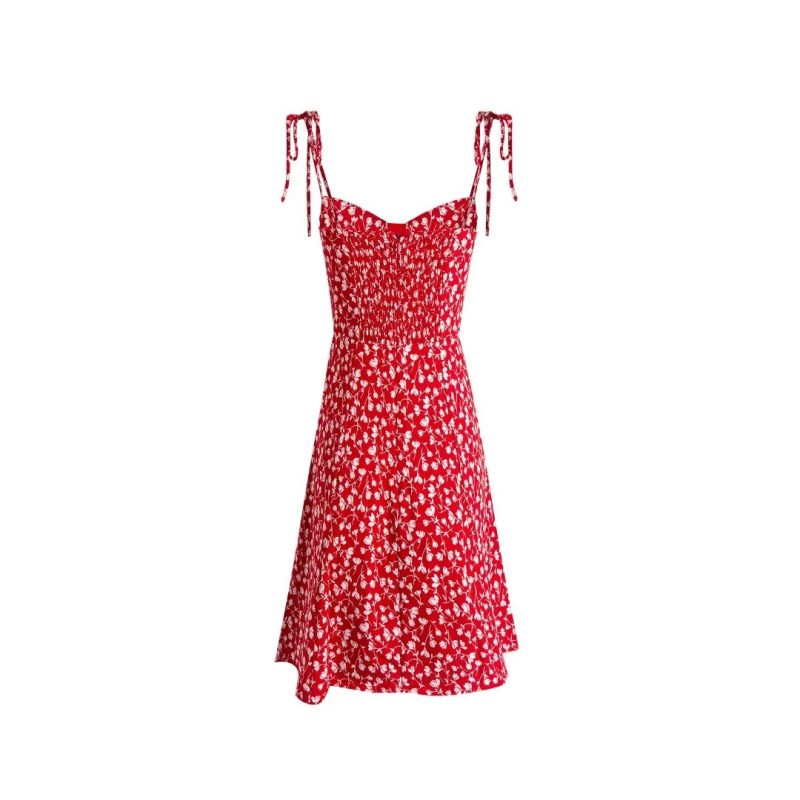 Red Floral Slim Strap Summer Dress Women - Image 2