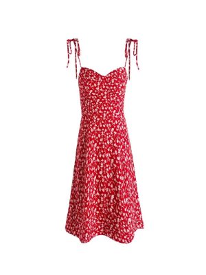 Red Floral Slim Strap Summer Dress Women