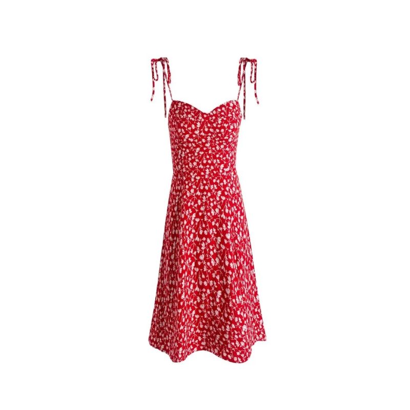 Red Floral Slim Strap Summer Dress Women