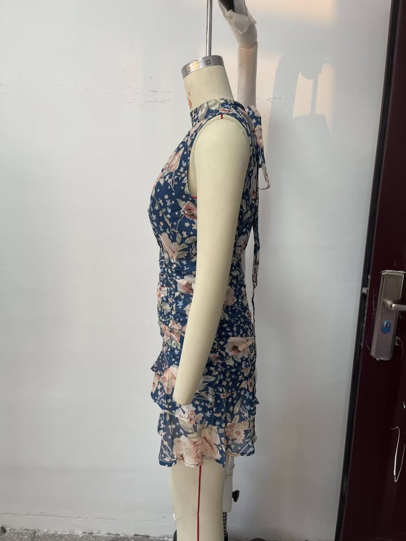 Floral Stand Collar Pleated Spring Short Dress - Image 3