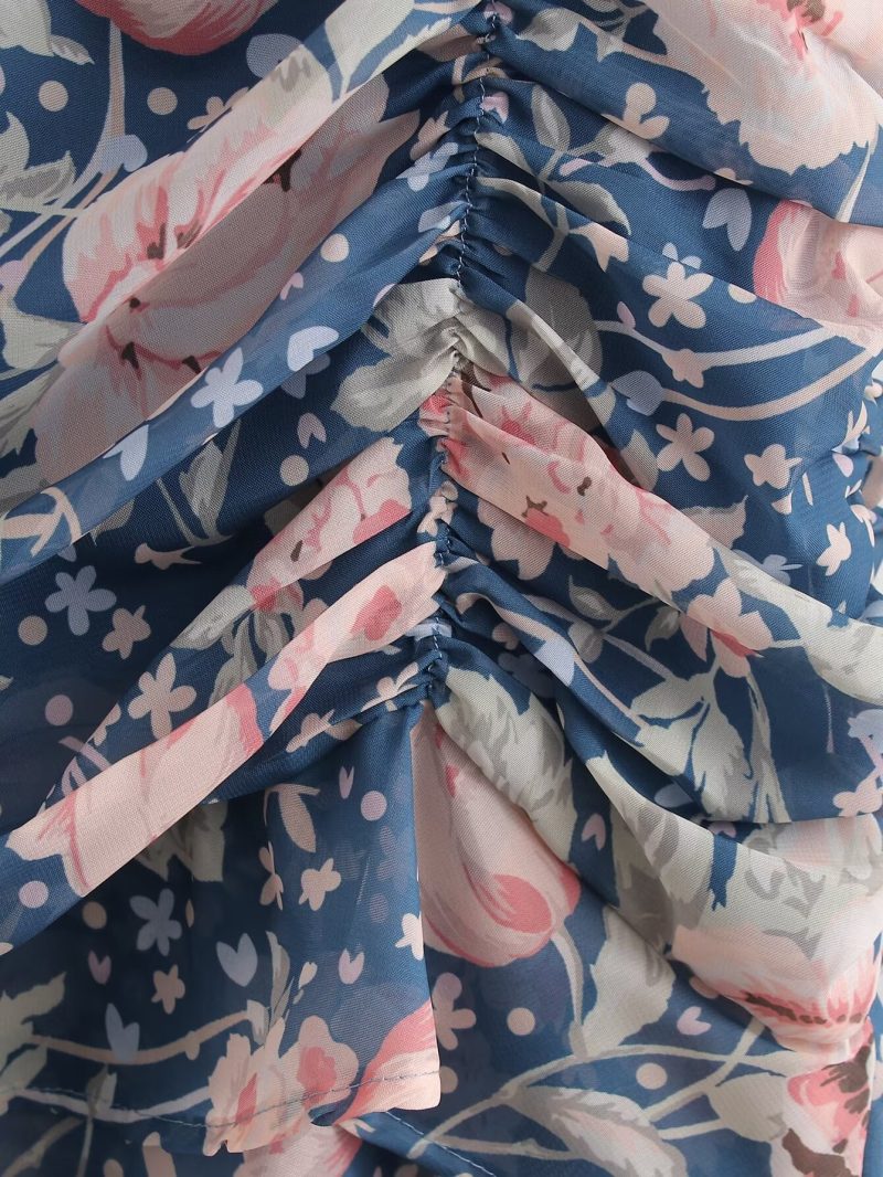 Floral Stand Collar Pleated Spring Short Dress - Image 4