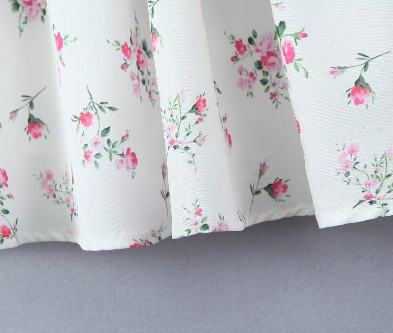 White Floral Strap Puffy Waist Summer Dress - Image 3