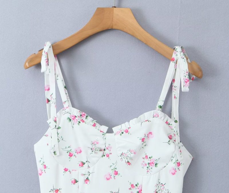 White Floral Strap Puffy Waist Summer Dress - Image 4