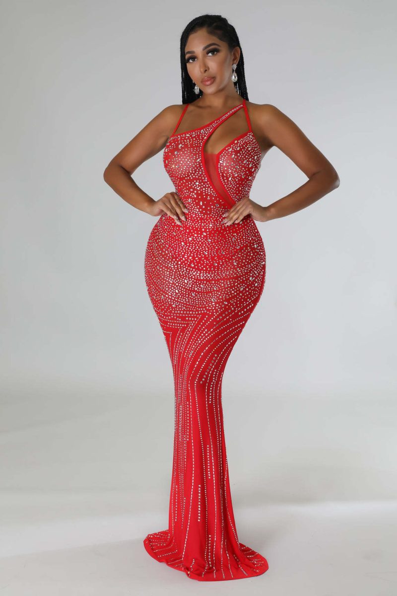Women’s One Shoulder Rhinestone Sheer Evening Dress