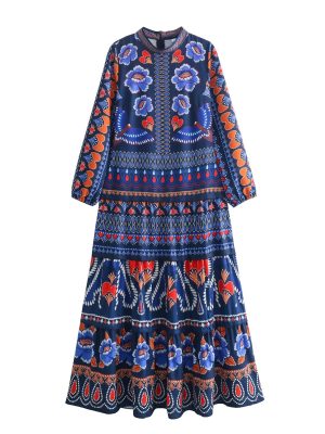 Spring Autumn Ethnic Print Round Neck Dress