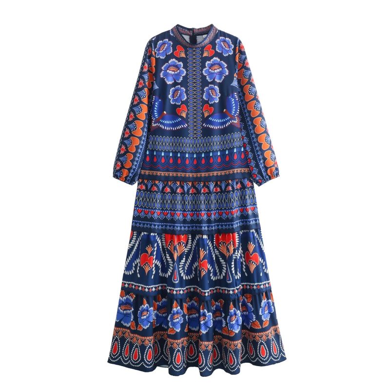 Spring Autumn Ethnic Print Round Neck Dress