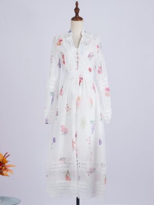 Women’s Lace V-Neck Floral Print White Dress