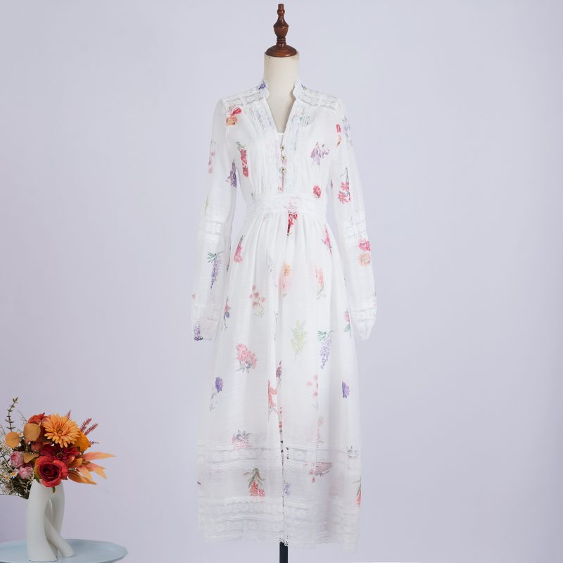 Women’s Lace V-Neck Floral Print White Dress
