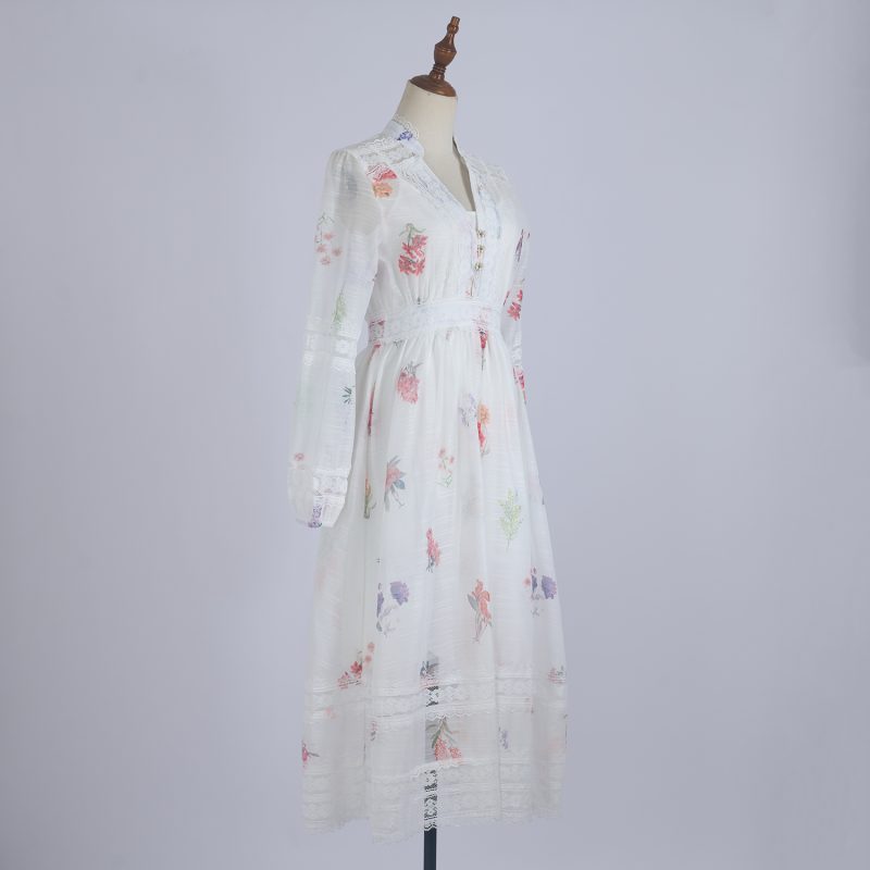 Women’s Lace V-Neck Floral Print White Dress - Image 2