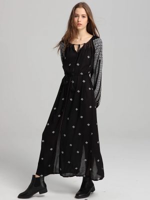 Spring Long Sleeve Printed Embroidered A-Line Dress