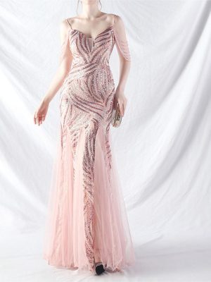 High-End Sequin Mesh Beaded Evening Party Dress