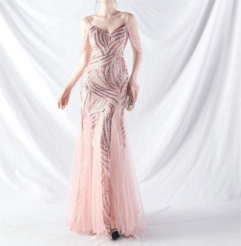 High-End Sequin Mesh Beaded Evening Party Dress
