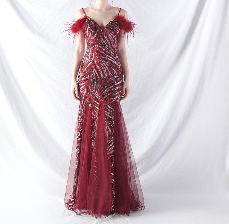 Women’s Ostrich Feather Sequin Mesh Evening Dress
