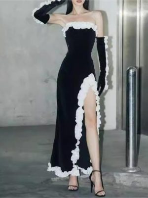 Sexy Lace Tube Top Split Maxi Dress