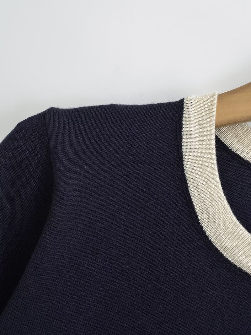 Contrast Trim Classic Knit Round Neck Dress - Image 3