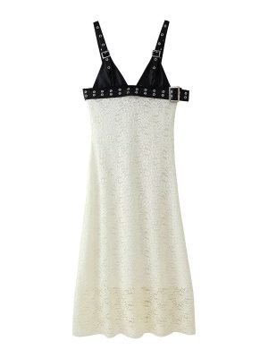 Faux Leather Patchwork Lace V-Neck Maxi Dress