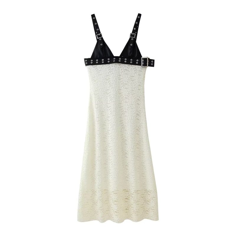 Faux Leather Patchwork Lace V-Neck Maxi Dress