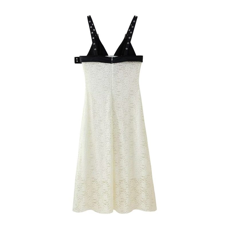 Faux Leather Patchwork Lace V-Neck Maxi Dress - Image 2