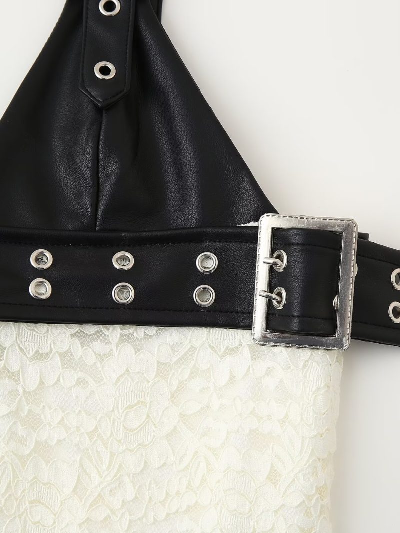 Faux Leather Patchwork Lace V-Neck Maxi Dress - Image 3