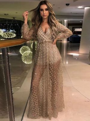 Women’s V Neck Backless Hollow Out Bronzing Dress