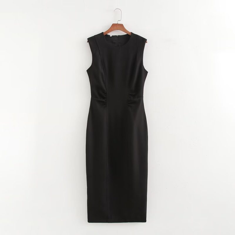 Elegant Black Pleated Sleeveless Waist Tight Midi Dress - Image 2