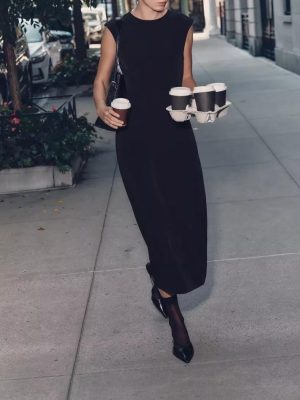 Elegant Black Pleated Sleeveless Waist Tight Midi Dress