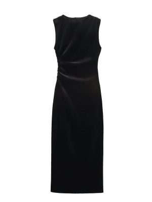 Spring Velvet Pleated Midi Dress for Women