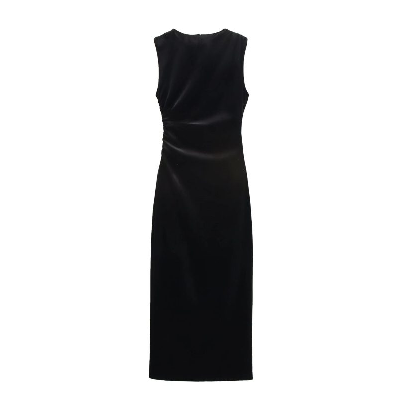 Spring Velvet Pleated Midi Dress for Women