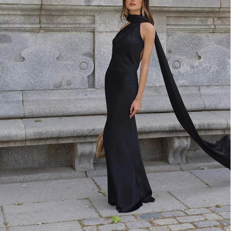 Women’s Silk Satin Halter Ribbon Spring Dress