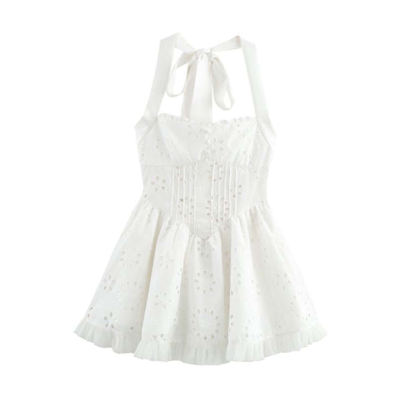Cutout Embroidery Lace Stitching Halter Lace-Up Dress - Image 2