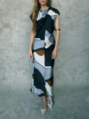 Spring Slim Silk Satin Printed Texture Dress