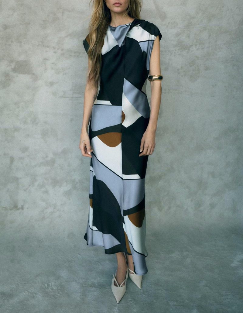 Spring Slim Silk Satin Printed Texture Dress