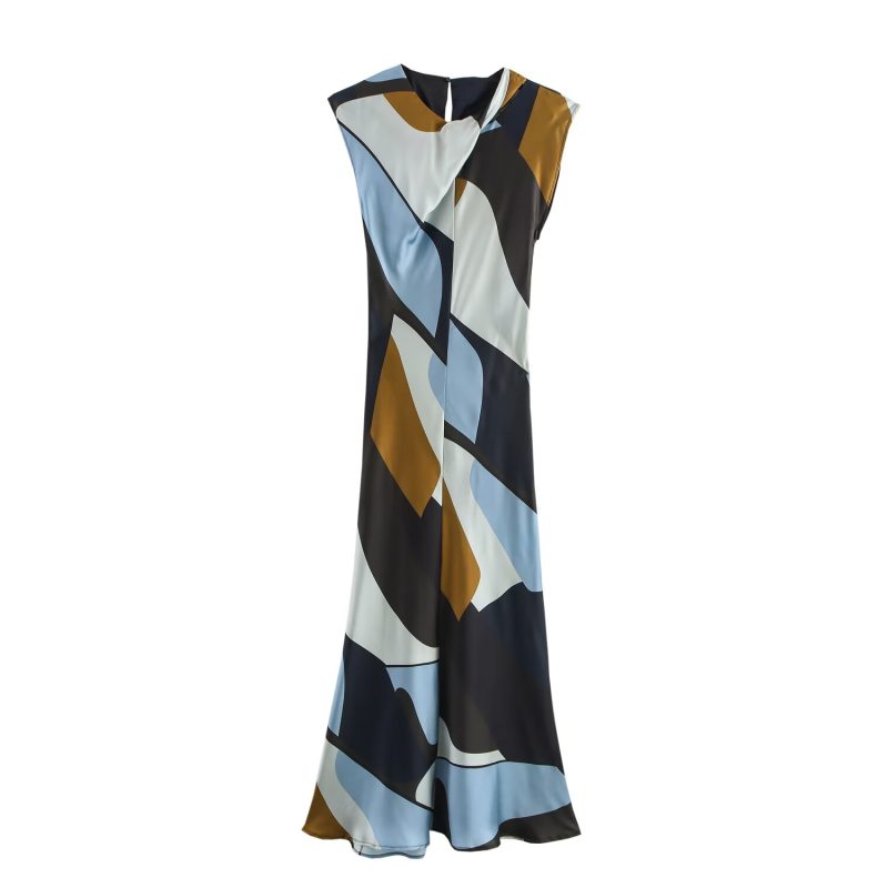 Spring Slim Silk Satin Printed Texture Dress - Image 2