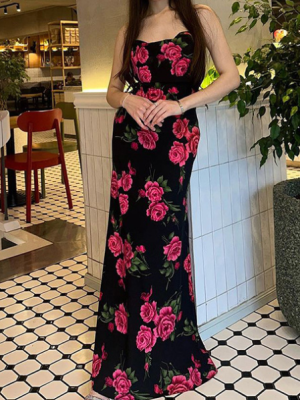 Elegant Spaghetti Strap Floral Print Backless Maxi Dress
