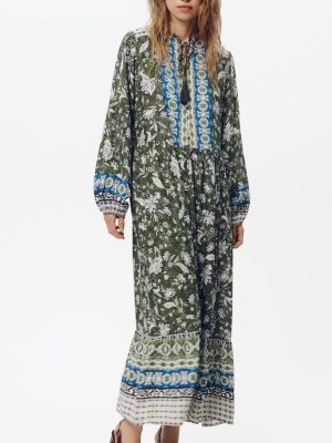 Spring Women’s Lace-Up Printed Long Sleeve Dress