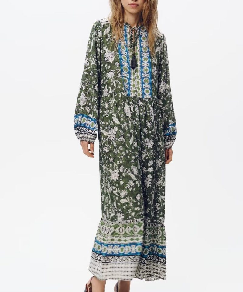 Spring Women’s Lace-Up Printed Long Sleeve Dress